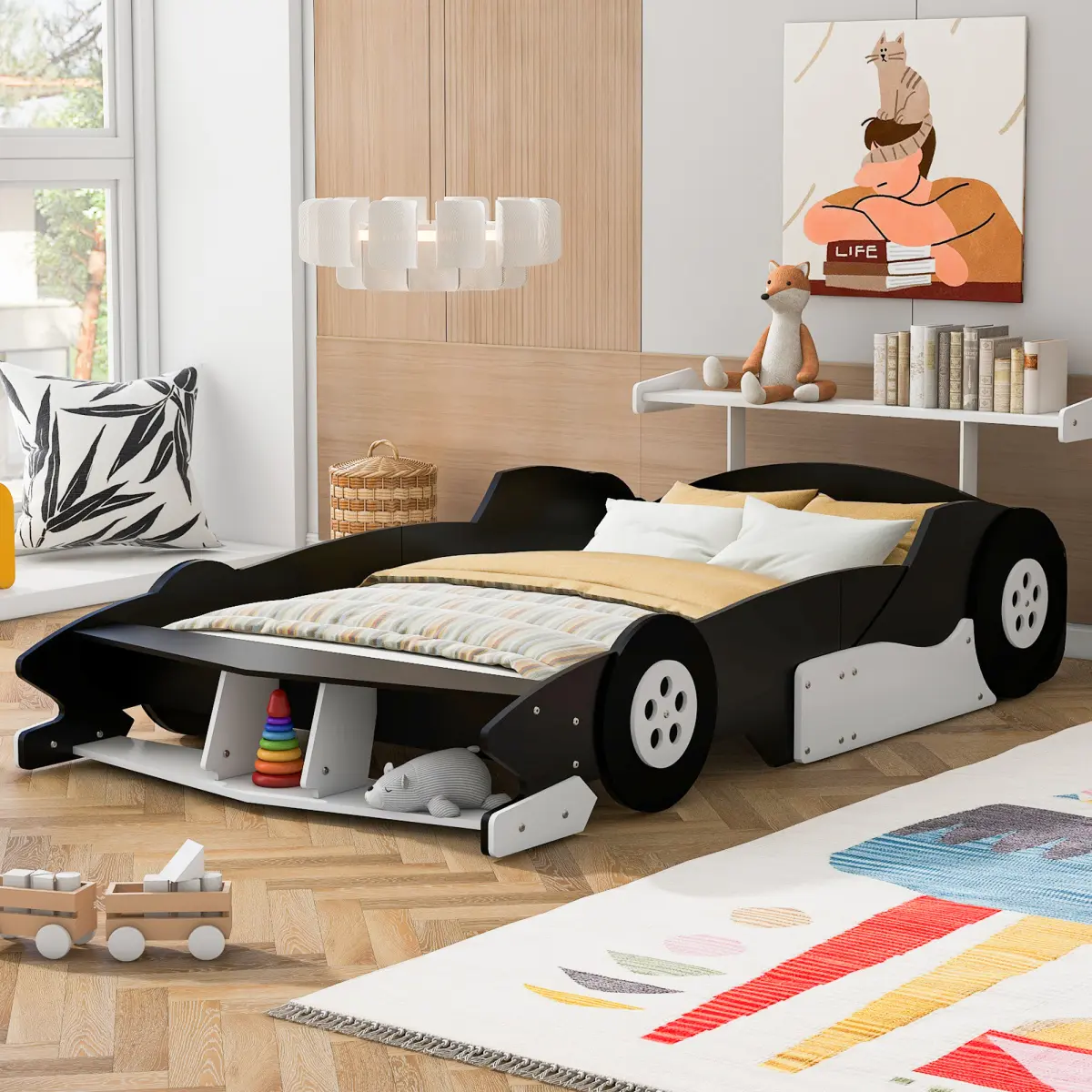 [Bellemave] Wood Platform Bed| Cool Race Car Bed with Wheels & Rear Spoiler| Easy Assembly| No Box Spring Needed