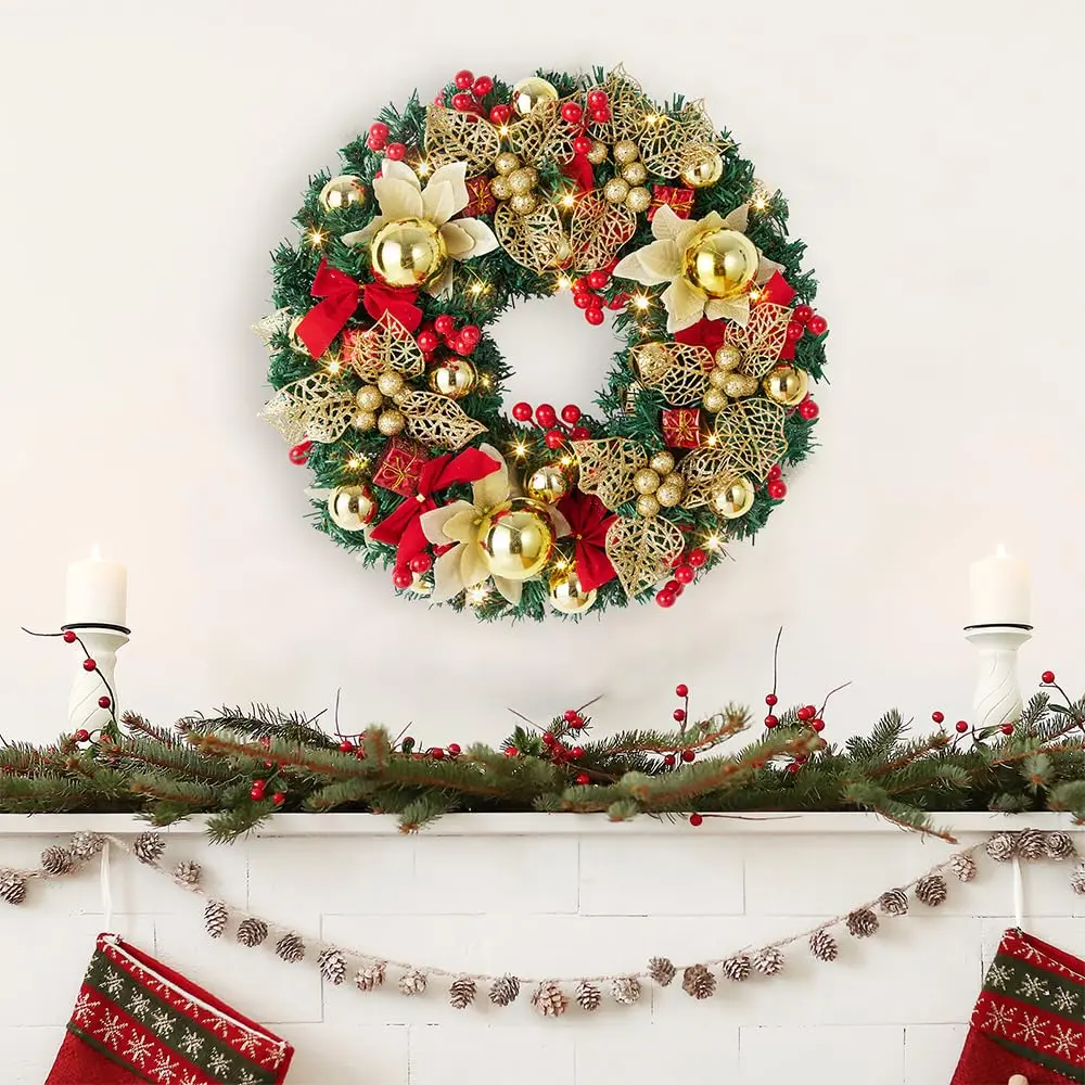 18 inch Lighted Christmas Wreath, Pre-Lit Xmas Wreath with Red Bow, Christmas Decorations, Christmas Wreath for Front Door,Wall, Mantel Decoration