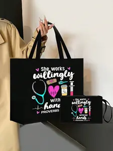 Nurse Theme Handbag and Makeup Bag Set, Cosmetic Bag, Cosmetic Travel Bags, Medical Inspired Durable Fabric, Reusable Casual Shoulder Strap, Ideal Gift for Nurses and Doctors
