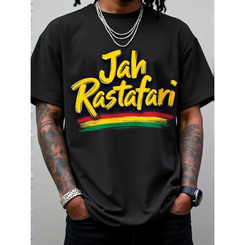 Men's Ethiopian Flag Rasta Round Neck Shortsleeve Top - Judah Symbol & Jah Rastafari Print, Soft Relaxed Fit Casual Basic Tee for Reggae Fans, Heritage Apparel Streetwear Reggae Fan Tee