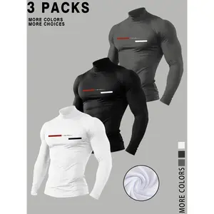 Men's Compression Turtleneck Shirts, Compression Tops, 3-Pack Long Sleeve Athletic Fitted Baselayers, Colors, Ideal for Workouts & Gym