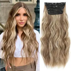 Clip in Hair Extensions 20 Inch  Ash Brown Mixed Ash Blonde Long Wavy Highlight Synthetic Hair Extensions Double Weft Hairpiece for Women