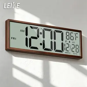 15” Large Atomic Digital Wall Clock with Wood Grain Frame, Battery Operated Self-Setting LCD Clock with Temperature, Humidity, Date, Day, Alarm, DST, Wall Mount or Desk Clock