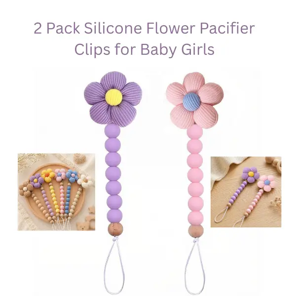 2 Pack Silicone Flower Pacifier Clips for Baby Girls, BPA Free Pacifier Holder Chain, Daisy Soother Clip Pink Purple Summer Gift