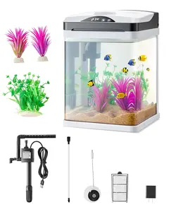 2 Gallon Desktop Fish Tank Aquarium With Smart LED Lighting, Square Clear Glass Construction, 7 Color Ambient Light Modes, Self-Cleaning Design, Quiet Low Maintenance Small Betta Or Freshwater Tank For Desktop Use