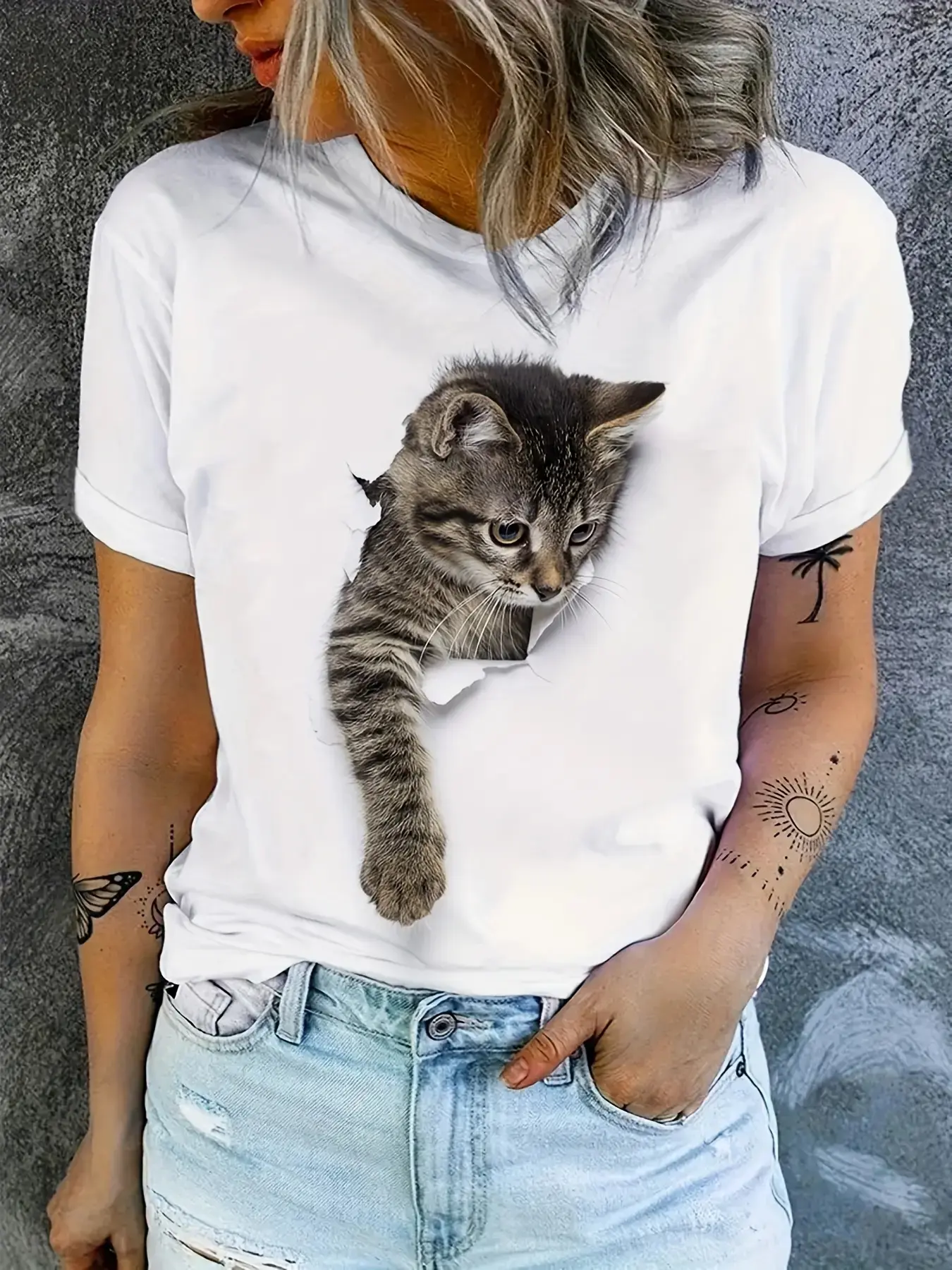 Women's Soft Cat Print T-Shirt, Casual Short Sleeve Crewneck Graphic Top, a Breathable Everyday Wardrobe Essential
