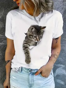 Cute Cat Print T-Shirt, Crew Neck Short Sleeve T-Shirt, Casual Every Day Tops, Women's Clothing graphic tee