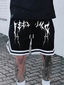 Men's Loose Fit Death Metal Font Basketball Shorts, Gothic Streetwear Athletic Bottoms, Street Style Fashion, Ideal for Layering with Oversized Tees & Sneakers, Perfect for Streetwear Lovers