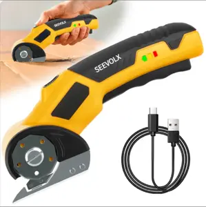 SEEVOLX Cordless Electric Scissors 4V Rechargeable Rotary Cardboard Box Cutter with Safety Lock & LED Light, Multi-Purpose Cutter for Fabric Leather Carpet Plastic and More