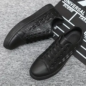 Men's Casual Crocodile Pattern Sneakers - Soft Sole, Lace-Up, Black Fashion Work Shoes for All Seasons