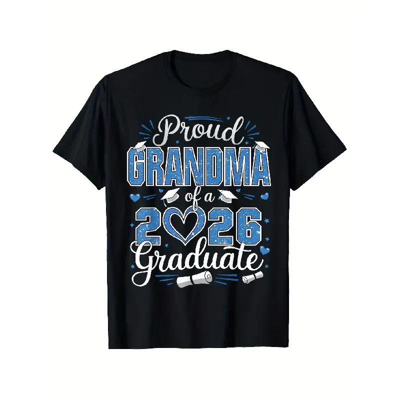 Men's Casual Short-Sleeve Round Neck Graduation T-Shirt - Class of 2026 Proud Grandma Design with Diploma, Heart & 2026 Print, Soft Breathable Cotton Unisex Menswear Top, Machine Washable Keepsake Gift