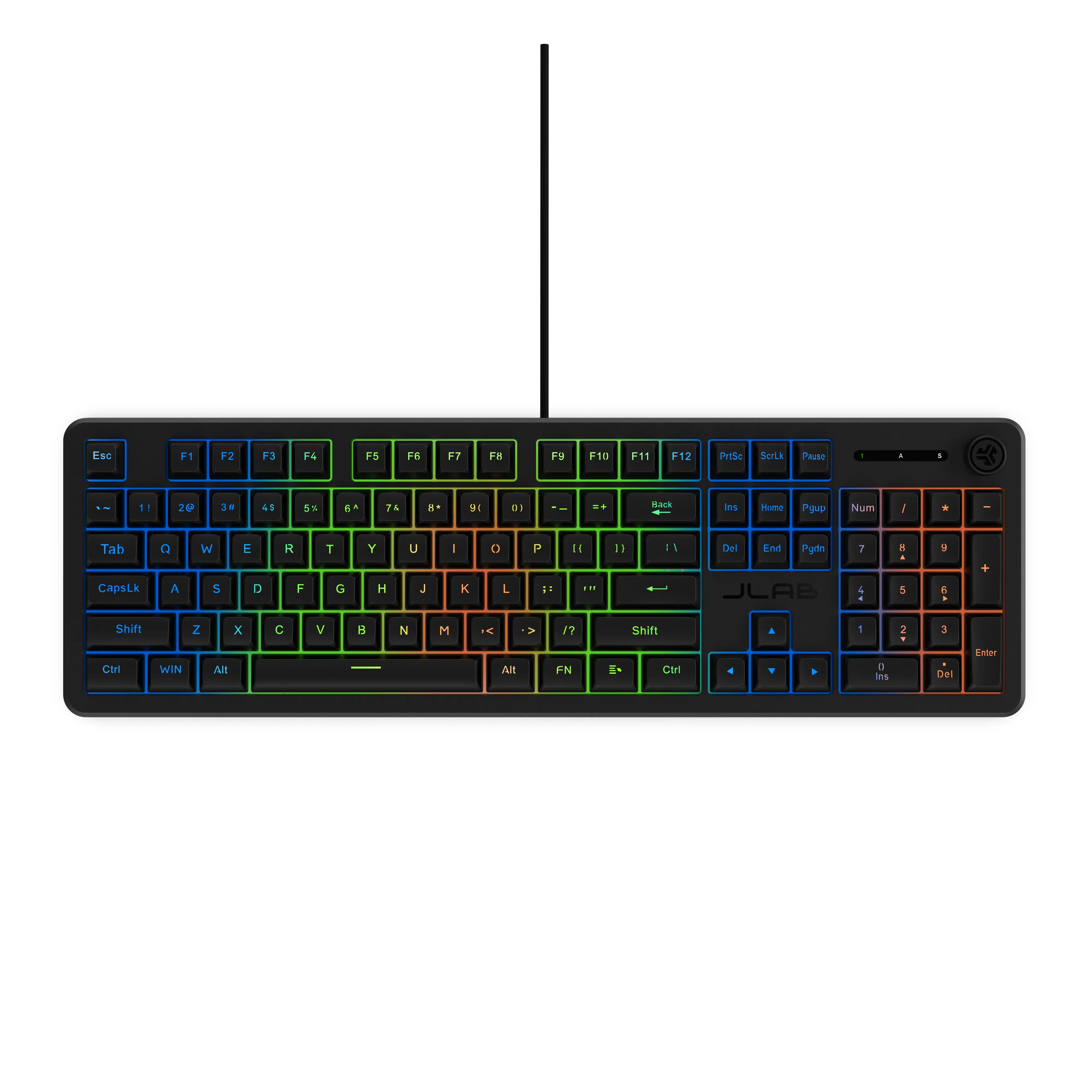 JLab Nightfall Full-Size Wired Esports Gaming Keyboard - Membrane Switches, Zone RGB, 1000Hz, 19-Key Rollover, Media Knob, Spill-Resistant