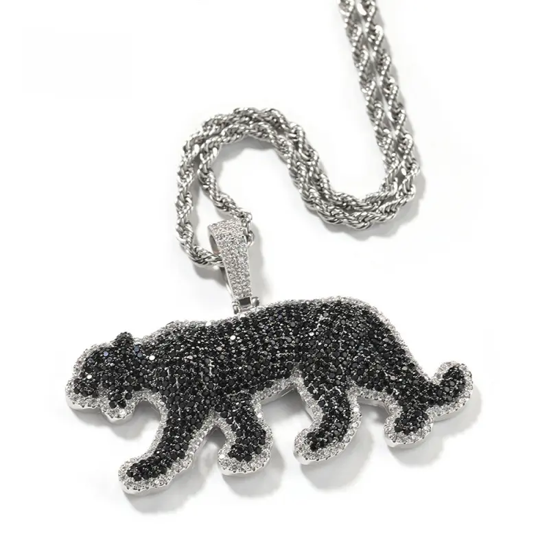 Unisex Gold-Plated Copper Hip Hop Leopard Pendant Necklace with Black Crystals, Urban Fashion Statement Costume Jewelry for Rappers
