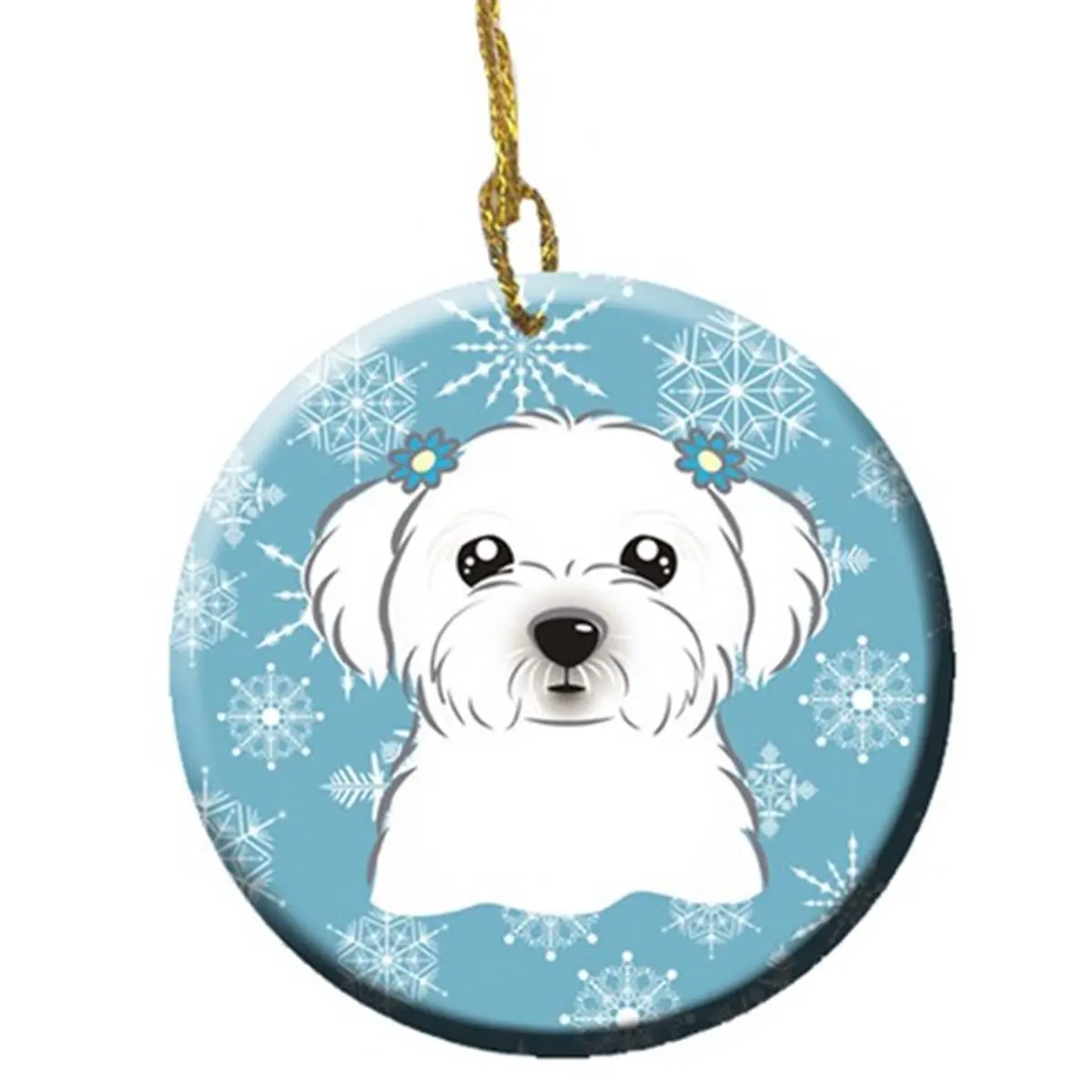 Porcelain Snowflake Maltese Round Corded Hanging Christmas Ornament, 2.81in Lightweight Customizable Festive Decor, Heirloom Holiday Gift for Home Occasions