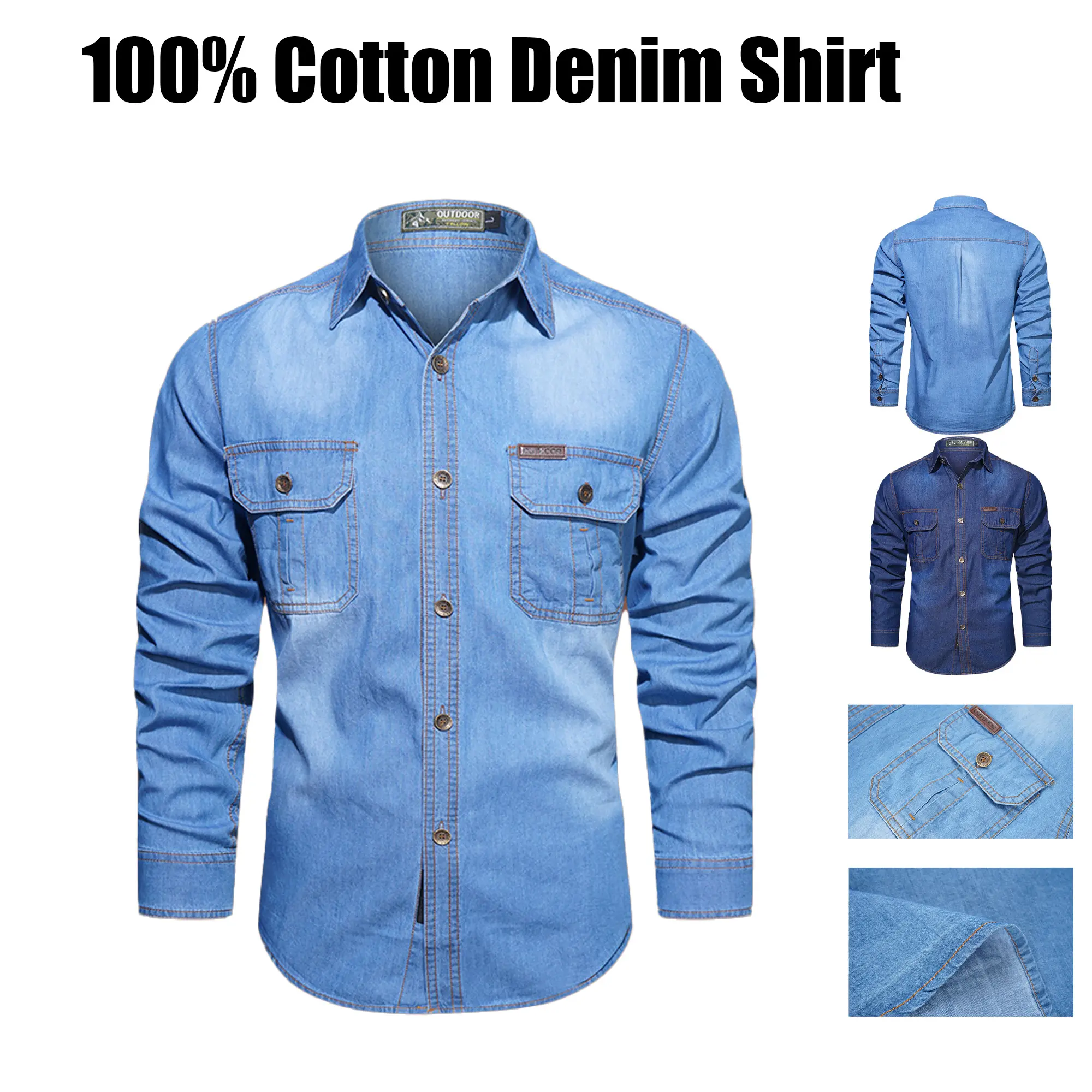 Men’s washed denim work shirt, pure cotton, breathable long sleeves, outdoor casual design with multiple pockets Menswear Top