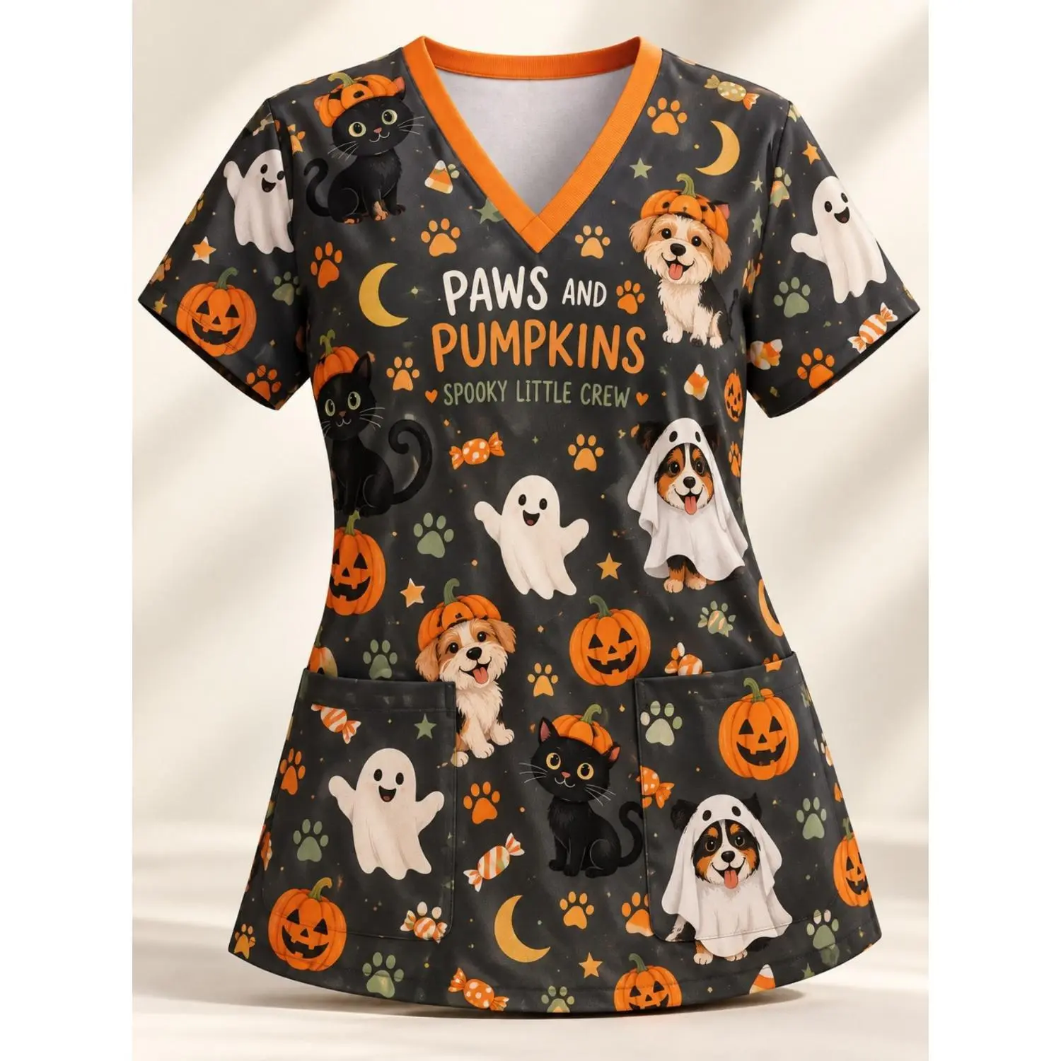 Women's V-Neck Scrub Top with Cute Cat Dog & Halloween Pumpkin Print, Casual Medical Workwear for Women