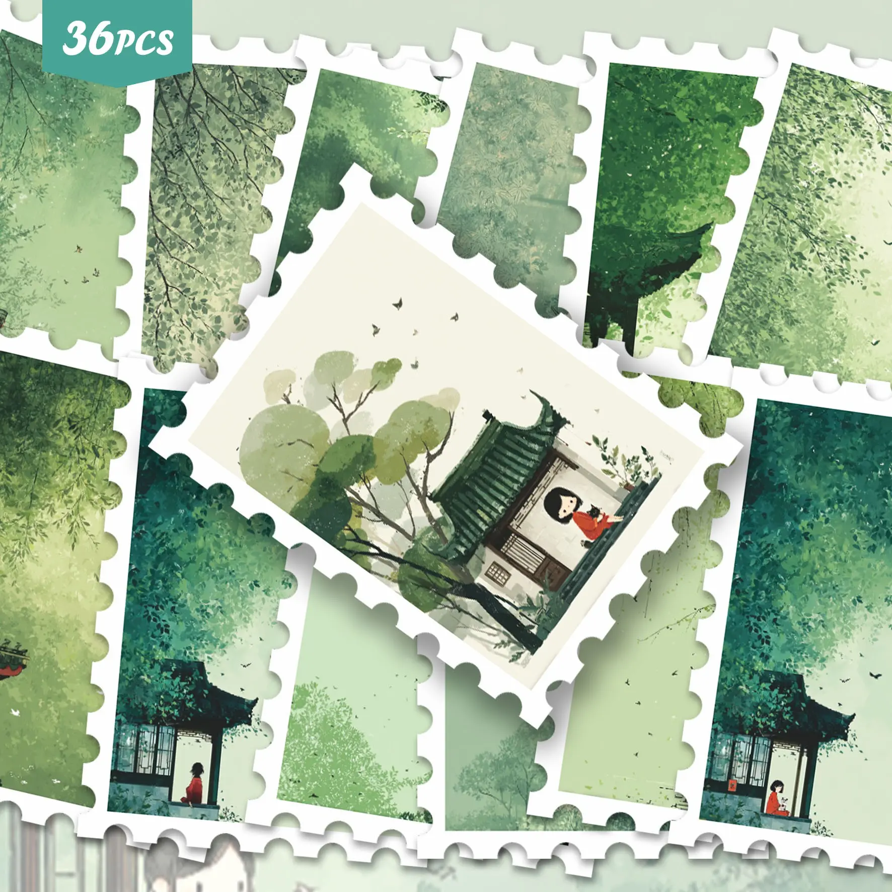 36pcs Green Watercolor Garden Stickers Pack | Aesthetic Vintage Chinese Girl & Nature Art Graphics | Vinyl for Journaling & Scrapbooking