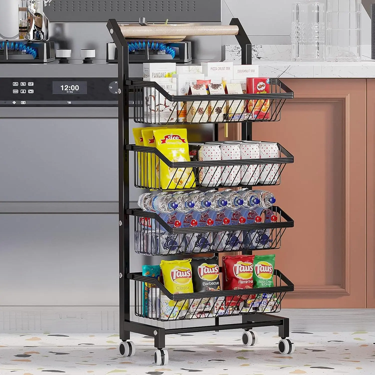 Black Adjustable 4-Tier Metal Rolling Cart with Drawers, Lockable Wheels, Wooden Top - Casual House Organizer, Room Storage, Organizer Storage for Kitchen Accessories, Cans, Fruits, Vegetables