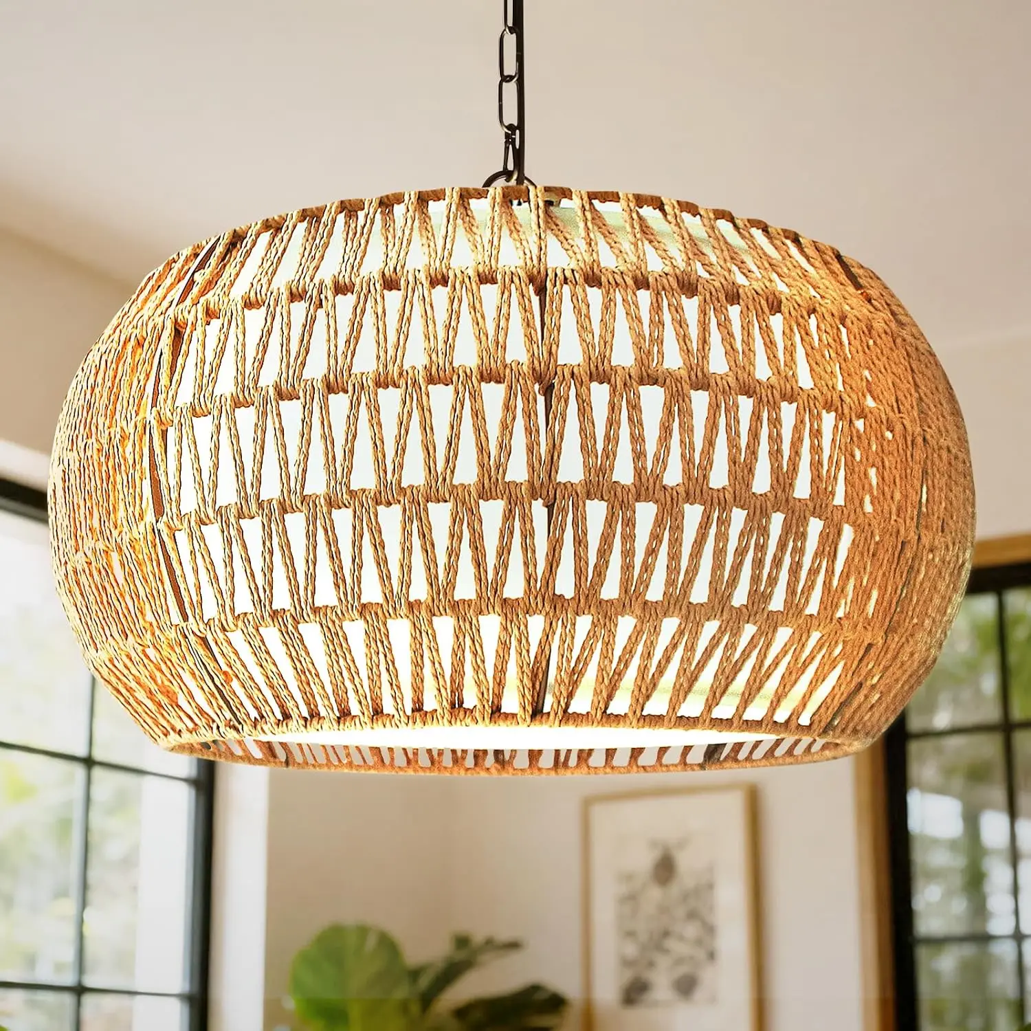 5-Light Boho Rattan Chandelier with Fabric Shade, 19" Farmhouse Indoor Light Fixture, Earthy Pendant Lighting for Dining Room, Kitchen Island, Earthy Pendant Lights