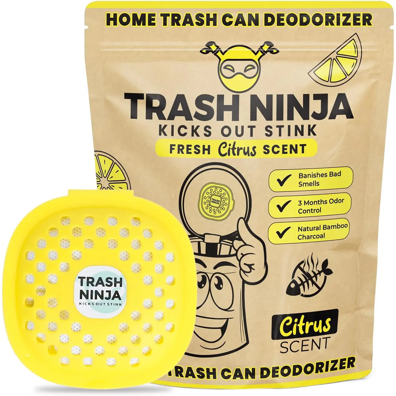 Trash Ninja Trash Can Deodorizer - Garbage Can Deodorizer with Activated Charcoal, Reusable Trash Can Odor Eliminator, Stick On Garbage Can Air Freshener, Trash Deodorizer with a Fresh Citrus Scent