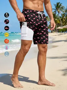 Men's All Over Print Beach Shorts with Compression Liner, Summer Casual Funny Board Shorts with Phone Pocket and Side Pockets, Quick Dry Swim Shorts Swim Trunks Drawstring Elastic Waistband Swimwear Beachwear Swimsuit Bathing Suit