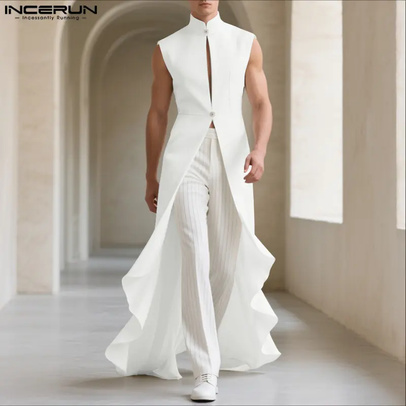 INCERUN Menswear Mock Neck Vest - Men's Sleeveless Plain Soft Polyester Tops with Asymmetrical Ruffled Lengthy Hem, Fabric
