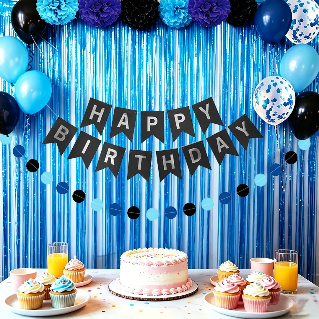Blue Birthday Party Decorations for Boys Men Happy Birthday Banner Balloons Navy Royal Light Blue Pom Poms Foil Curtain Décor Party Decorations for Baby Boy Blue Room Wall Hanging Backdrop