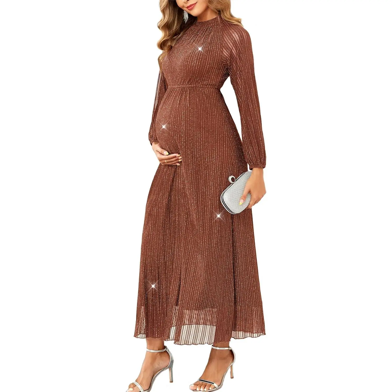 Women's Sparkly Halter Neck Maternity Dress, Formal A-Line Full Length Gown for Pregnancy Photoshoot, Baby Shower & Wedding Guest, Full Length Dress, Sparkly Fabric, Maxi Gown, Maxi Dress, Maternity Clothing