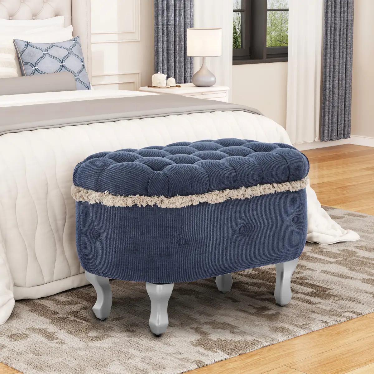 29.5'' Storage Benches, End of Bed Bench with Button-Tufted, Fabric Upholstered Storage Ottoman, Window Bench with Fringe, Shoe Cabinet Bench, Footboard Bench for Bedroom, Entryway, Cloakroom,Blue