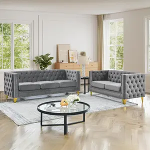 Chesterfield Sofa Set of 2, Modern Velvet Couch with Button Tufted & Nailhead Trim, Upholstered Deep Seat Couch, Comfy Sofa for Living Room, Bedroom, Apartment, Office(58" W + 80.5" W, Grey)