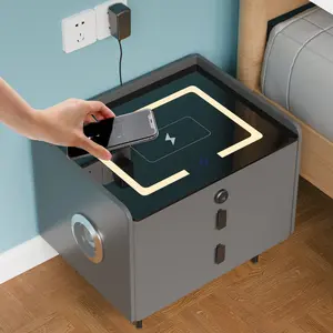 2 - Drawer Nightstand With Fingerprint Lock And Led Lights And Music Player Smart Night Stand nightstand bed  tables top charging station bed side table
