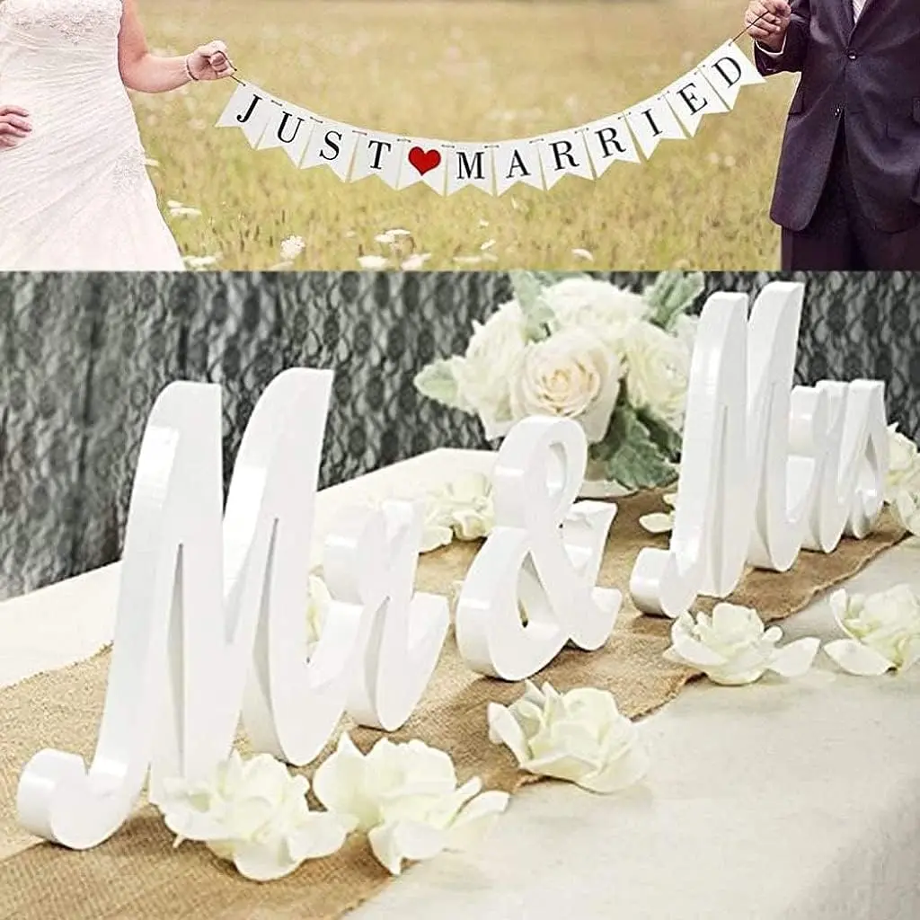 Large White Wooden Mr and Mrs Table Sign - Waterproof, Durable Rustic Wedding Centerpiece with Just Married Banner, Great Choice for Wedding Sweetheart Table, Home Decor Plaque for Parents’ Thanksgiving Celebration