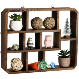 Rustic Shadow Box Display Shelf, 9 Compartments Wood Hanging Display Floating Shelves, Multi-Slot Wall Mounted or Freestanding Farmhouse Decor Displays Case