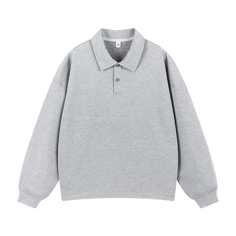 Men's Solid Lapel Collar Long Sleeve Polo Sweatshirt, Two Button Placket Ribbed Cuffs Loose Cuffed Sleeve Tailored Fit Top For Spring Autumn Daily Campus Street Casual Commute Weekend Shopping Outdoor Leisure Activities
