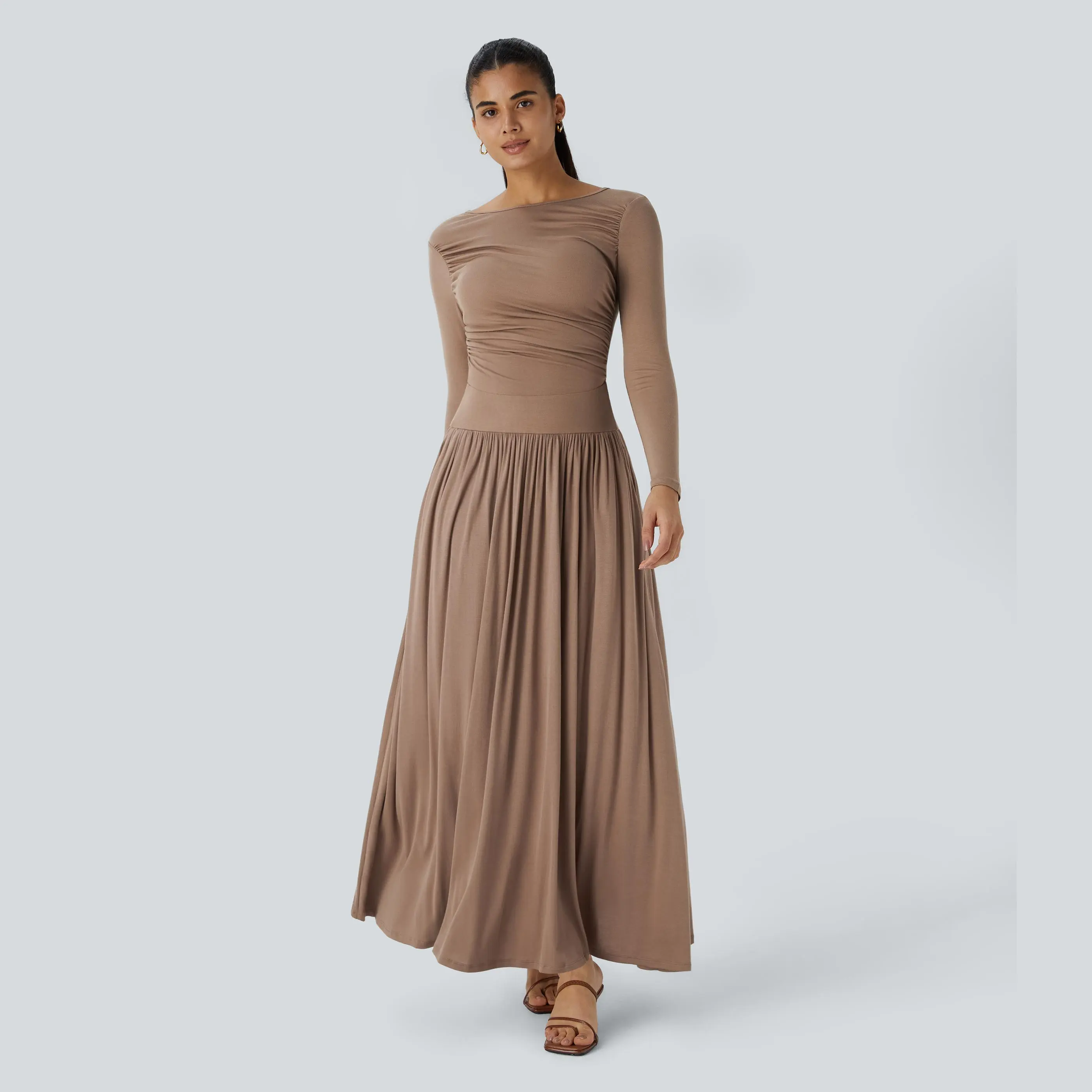 Halara Ribbed Boat Neck Long Sleeve Ruched Side Pocket Flowy Maxi Casual Dress