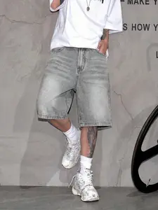 Men's Fashion Street Style Loose Fit Denim Shorts, Casual Mid Waist Zipper Fly, Plain Pattern, Daily Wear, Comfortable and Stylish