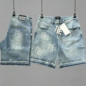 Mixed Emotion Studded Lettering Denim Shorts Vintage Blue Baggy Over Knee Jeans Y2K Hip Hop Streetwear Oversized Summer Outfit Viral Trend Fashion Daily Casual Men Women Unisex Trendy Bottom