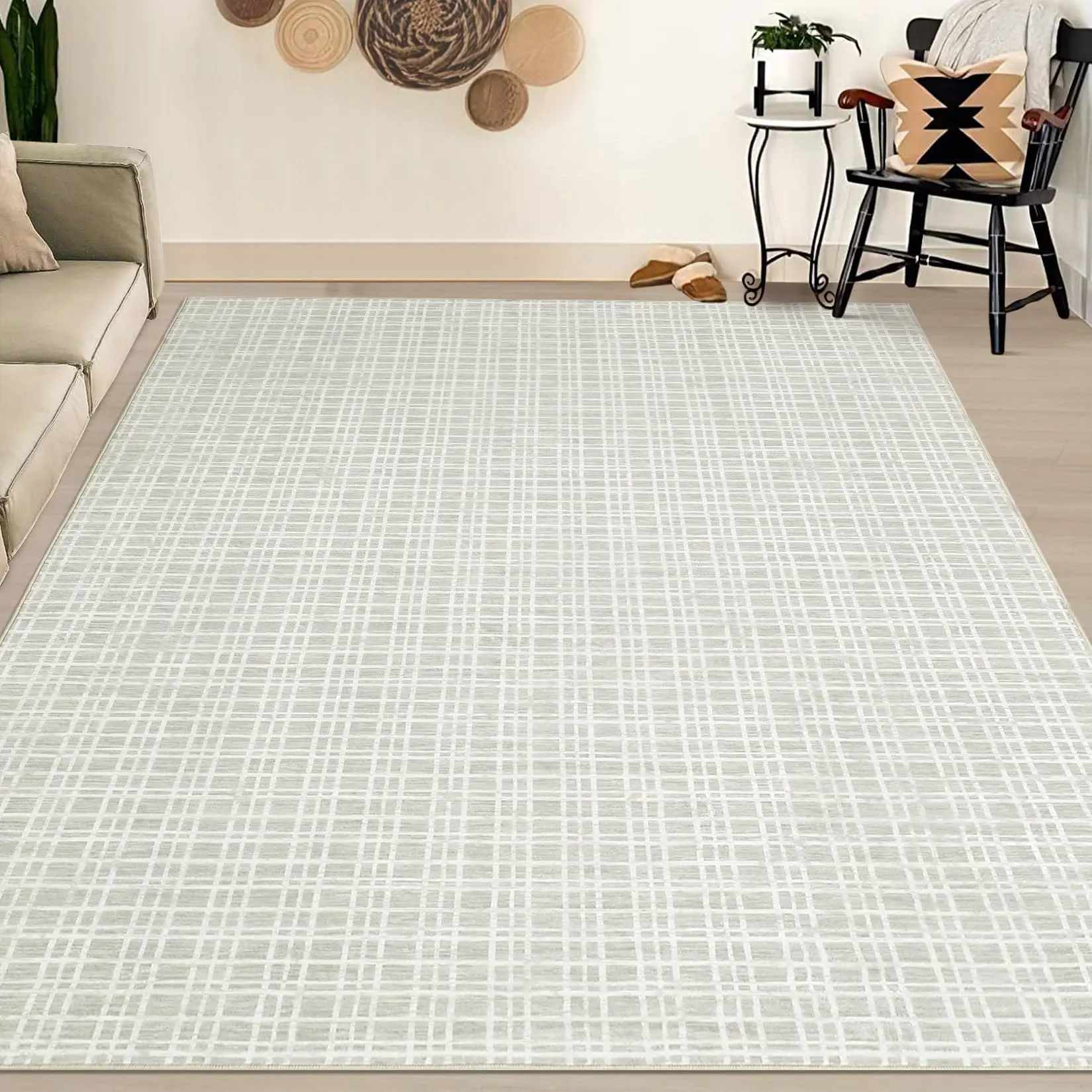 【GARVEE】Rug 5x7 Modern Plaid Washable Area Rugs for Living Room 5x7 Low Pile Non-Slip Geometric Soft Bedroom Throw Rug, Stain Resistant Contemporary Checkered Print Carpet for Office Kitchen, Gray