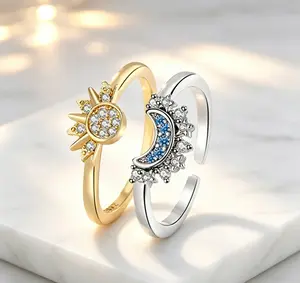 925 Sterling Silver Sun & Moon Stackable Ring Set - Adjustable Open Rings for Women, Celestial Star & Moon Design with Cubic Zirconia, 2Pcs Couple Matching Rings