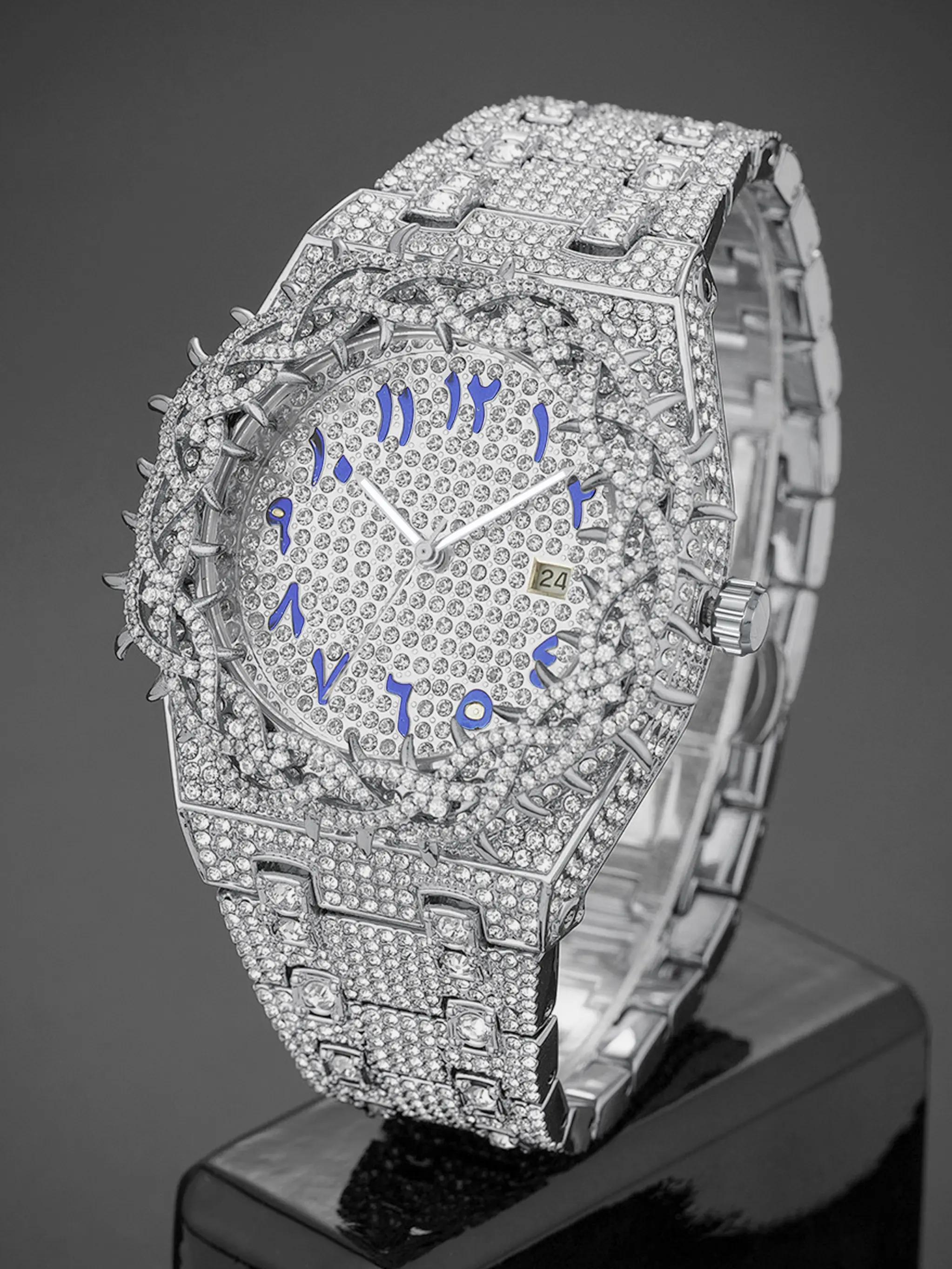 Unisex New Hip-Hop Style Quartz Watch, Analog Wristwatch, Quartz Analog Timepiece, Rhinestone Strap & Full Iced-Out Large Dial, Unique Zirconia Design Wrist Watch, Party Gift for Men and Women