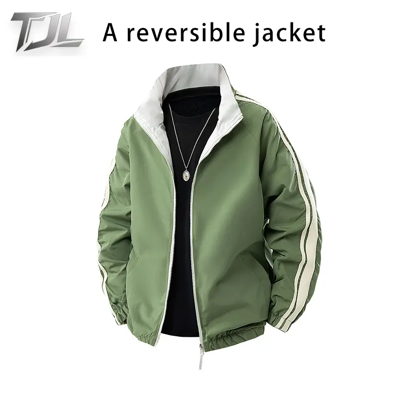 TJL Reversible Jacket for Men - Dual-Side Wear Bomber Style Zip Up Hooded Jacket - Lightweight Athletic Running Jacket - Medium Size Men's Fleece Hooded Winter Jacket coat for men Casual Green Day Gym Menswear Outdoor Pockets Sleeves Sporty Streetwear