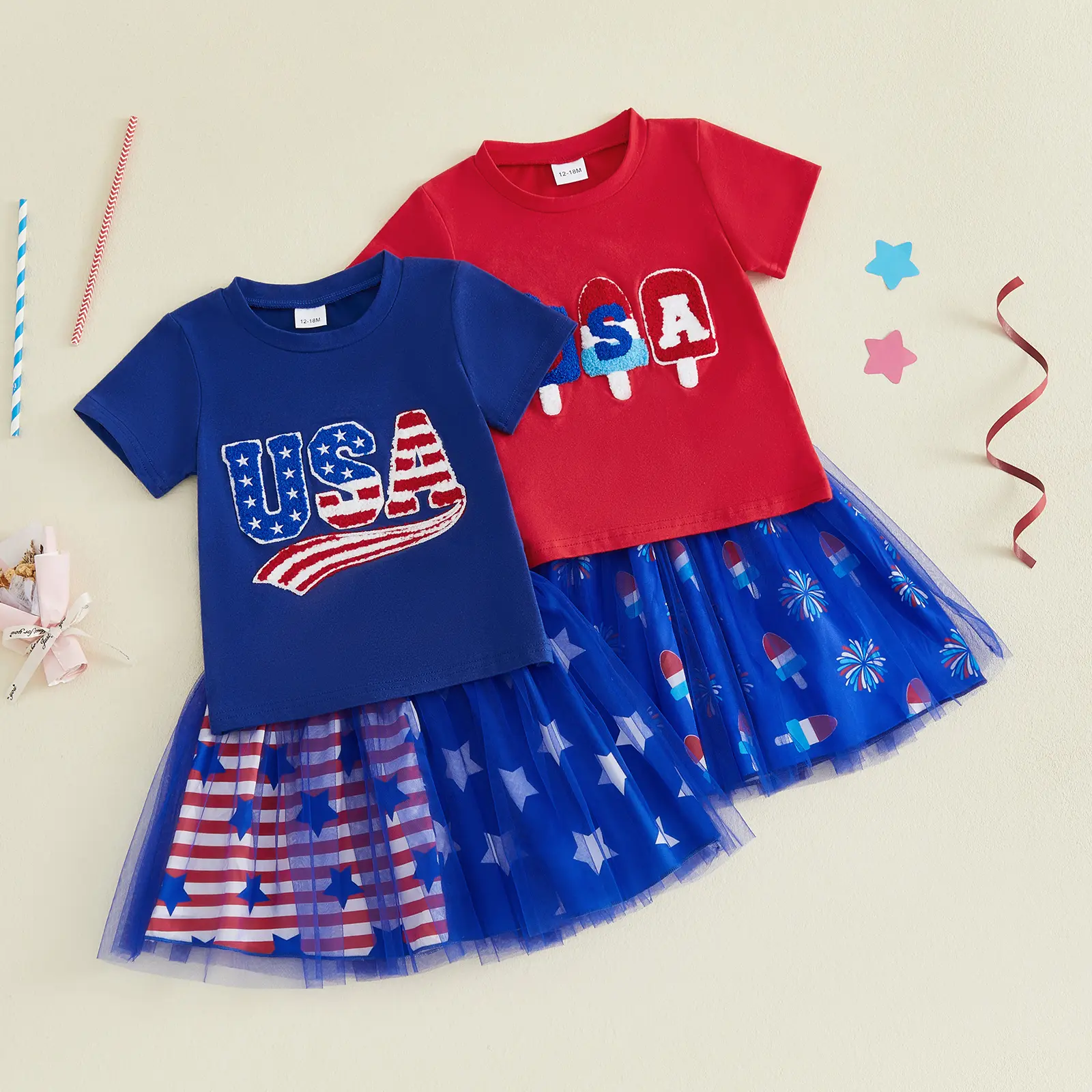 Toddler Baby Little Girls 4th of July Outfits Letter/Ice Cream Embroidery T-Shirt and Elastic Tulle Skirt Set Clothes 1-5 Years