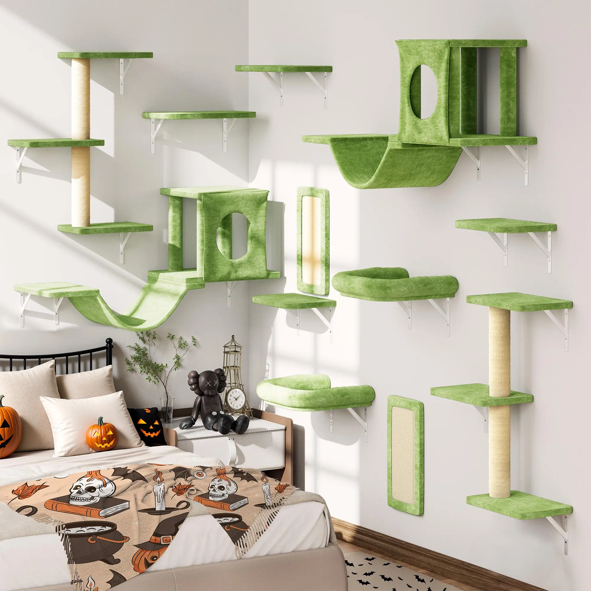 12-Piece Wall-Mounted Cat Climbing Set – Space-Saving Cat Shelves with Hammocks, Perches & Bridges for Indoor Cats, Easy to Install & Sturdy Design for Active Kitties-Summervibes