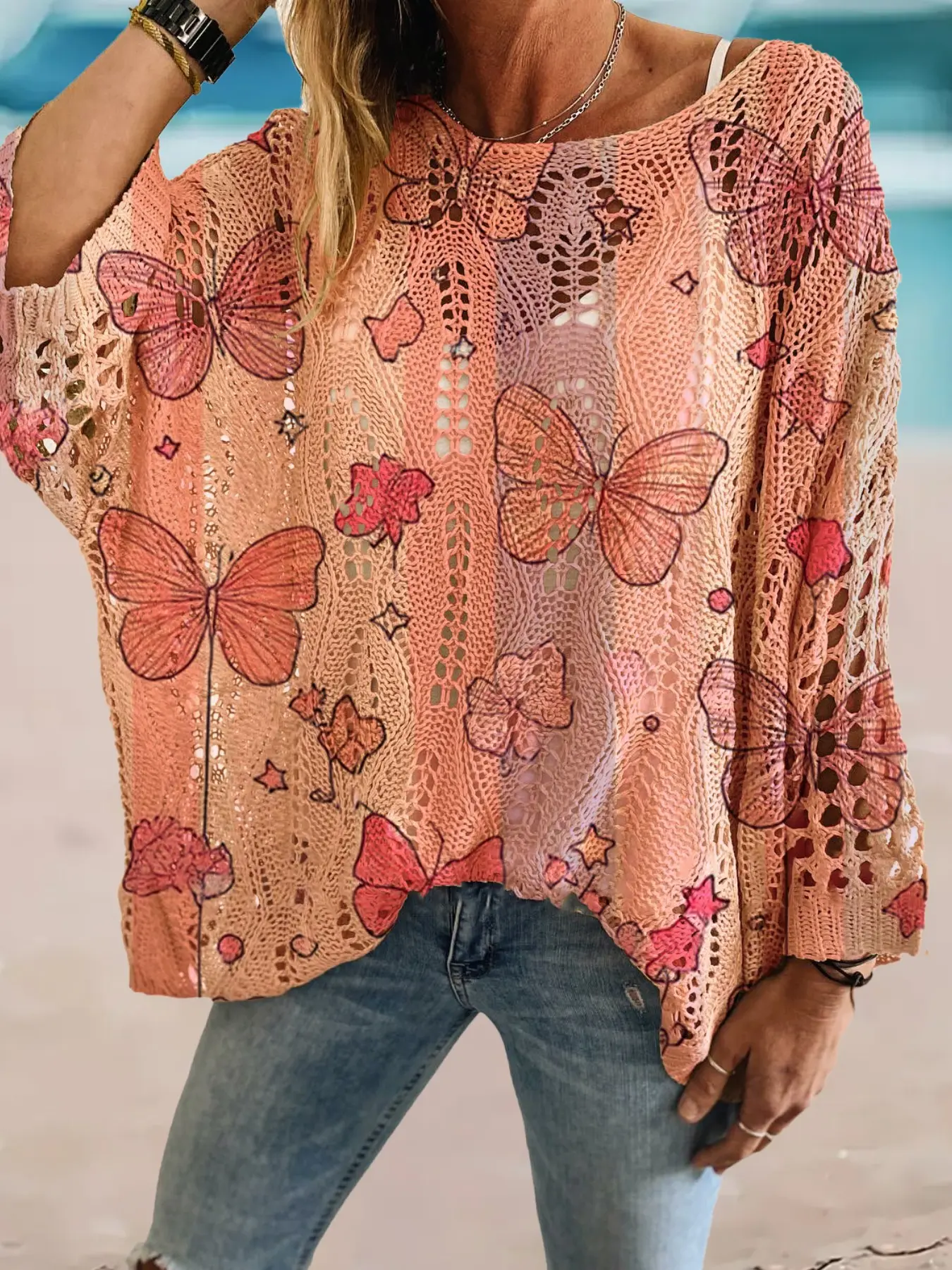 Women's Spring Summer Knit Top, One Shoulder Hollow Out Batwing Sleeves, Butterfly Print, Loose Fit, Boho Style, Casual Elegance, Womenswear