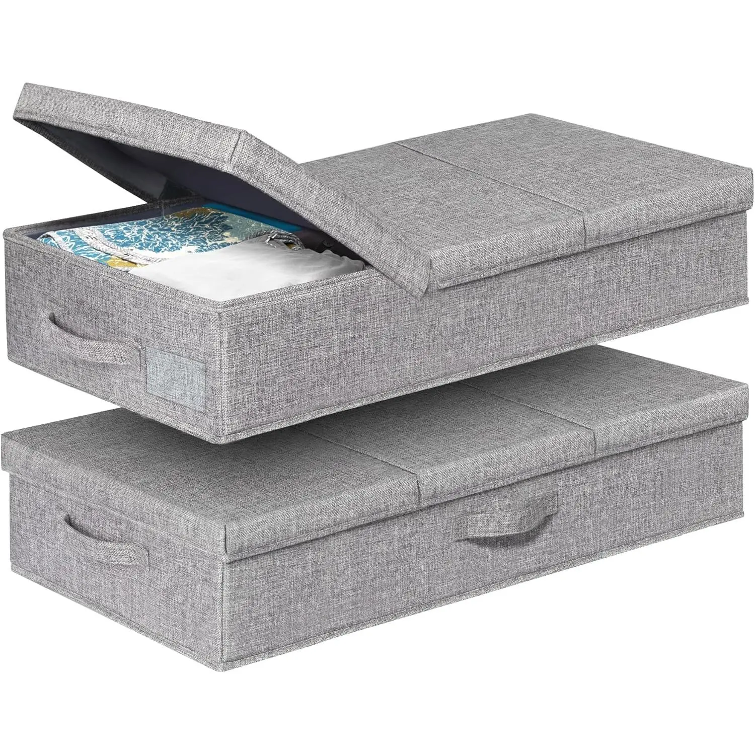 Under Bed Storage With , 2 Pack Large Underbed Storage Containers Clothes W/ 3 Handles, Foldable Low Profile Stackable Drawer Organizer Bins Box for Blanket Shoe Bedroom, 31.1*15.7*6inch