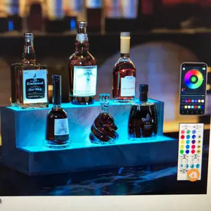 LED lighted liquor bottle display shelf, 20 inch bar display shelf, DIY illuminated bottle shelf with app and remote control, 2 step freestanding