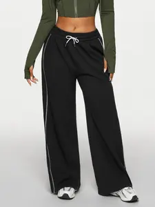 Women's Waffle Knit Jogger Pants, Colorblock Striped Loose Fit Straight Leg, Casual Outdoor Running Gym Training Long Trousers Wide Sweatpants