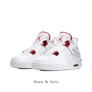 White & Red Color Block Leather & Mesh Mid-Top Sneakers, Retro Air Cushion Shock-Absorbing Wear-Resistant Casual Basketball Shoes