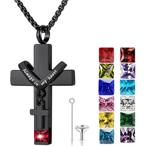 Birthstones Urn Necklaces for Ashes Cross Cremation Pendant Urns for Human Ashes Memorial Keepsake Locket Jewelry Gothic Stainless Steel