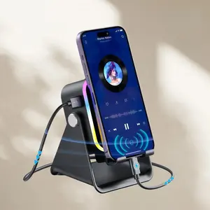5-in-1 Wireless Induction Bluetooth Speaker Stand ,phone Holder Speaker Stand,  5000 mAh Rechargeable Emergency Power Bank, 360° Adjustable Mobile Tablet Stand with Colorful Ambient Lighting (Black) Light